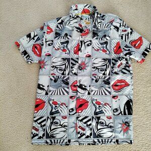Oh Snap! Drill Clothing M Mens Button Up S/S Stretch Poly Blend Pop Art EUC